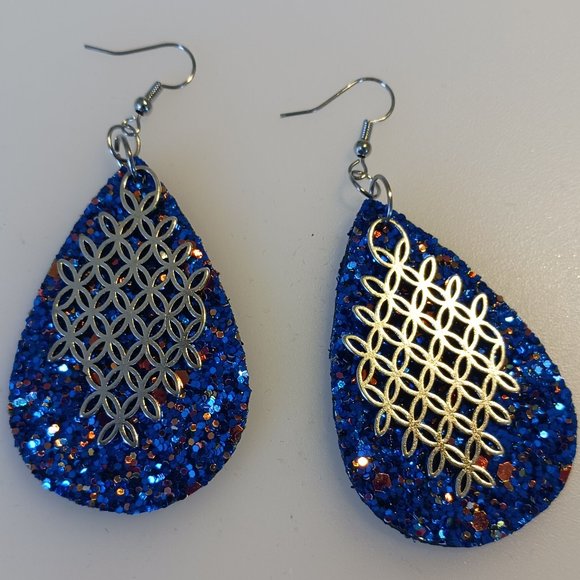 Teardrop earrings leather and metallic blue - Picture 1 of 1